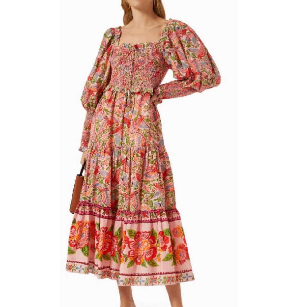FARM Rio Smocked Top Midi Dress in Pink Macaw Flight